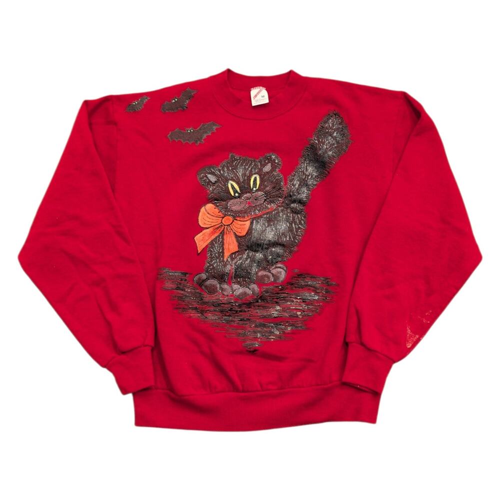 80s/90s Women's Hand-Painted Black Cat Halloween Graphic Sweatshirt